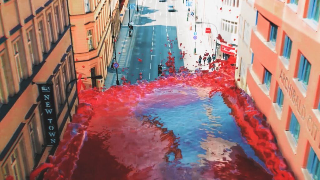 Red CGI water flowing through a Prague street for Slavia Praha’s title celebration.