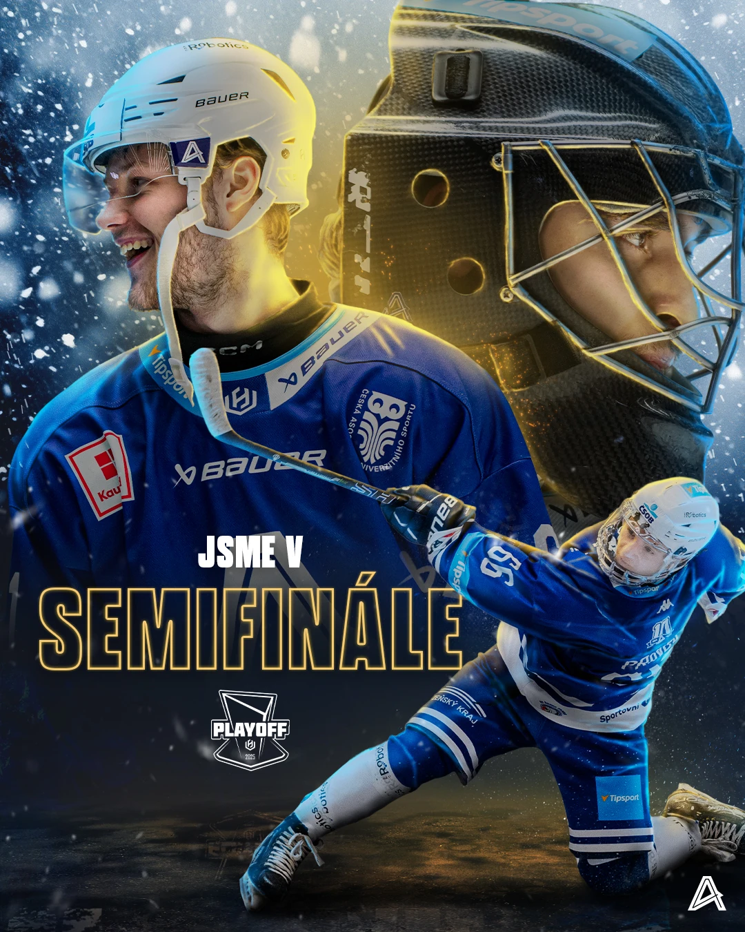 Akademici Plzeň semifinal announcement combining player and goalkeeper portraits.