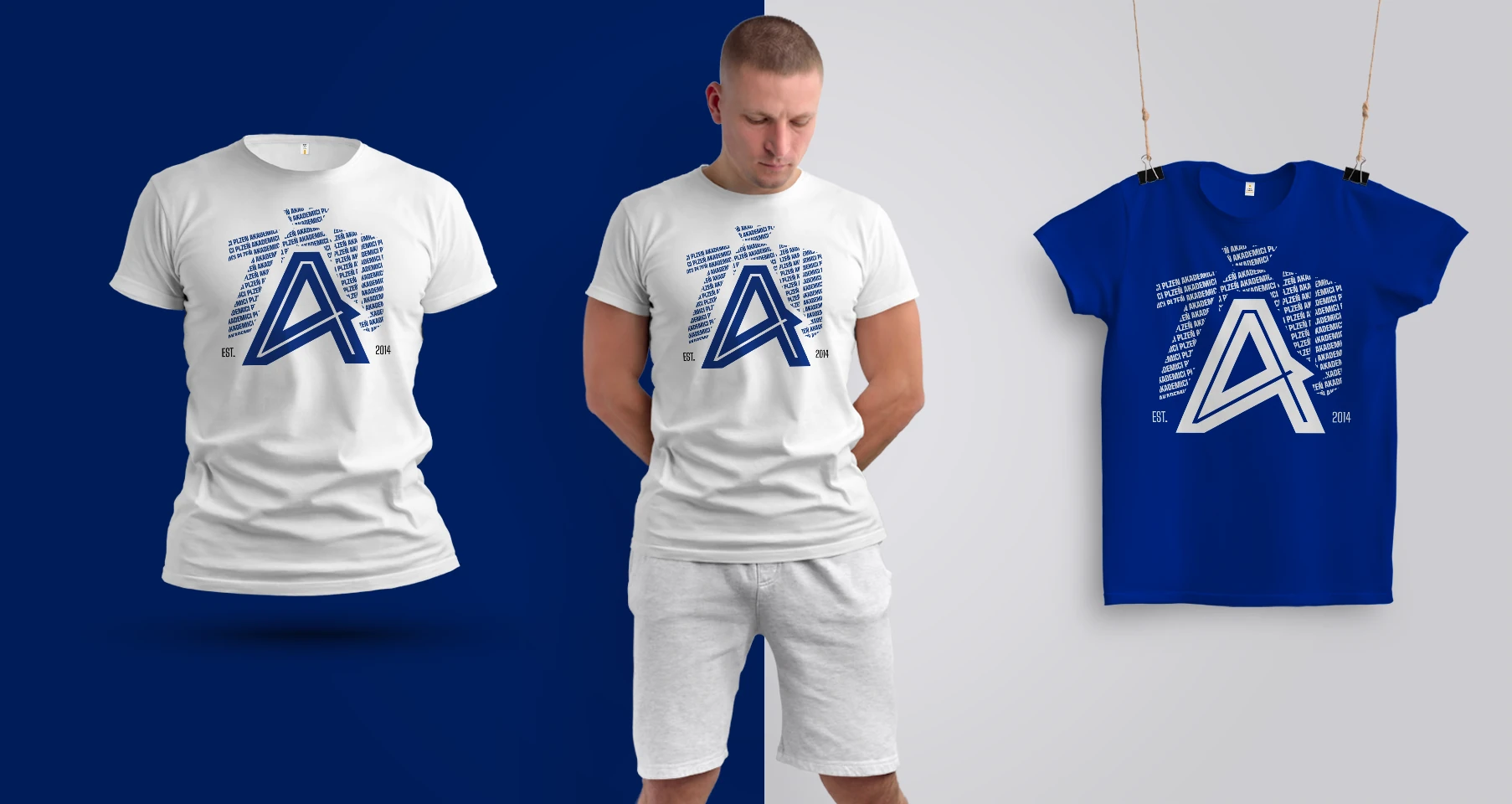 Blue and white Akademici Plzeň T-shirt designs shown in a merchandise mockup.