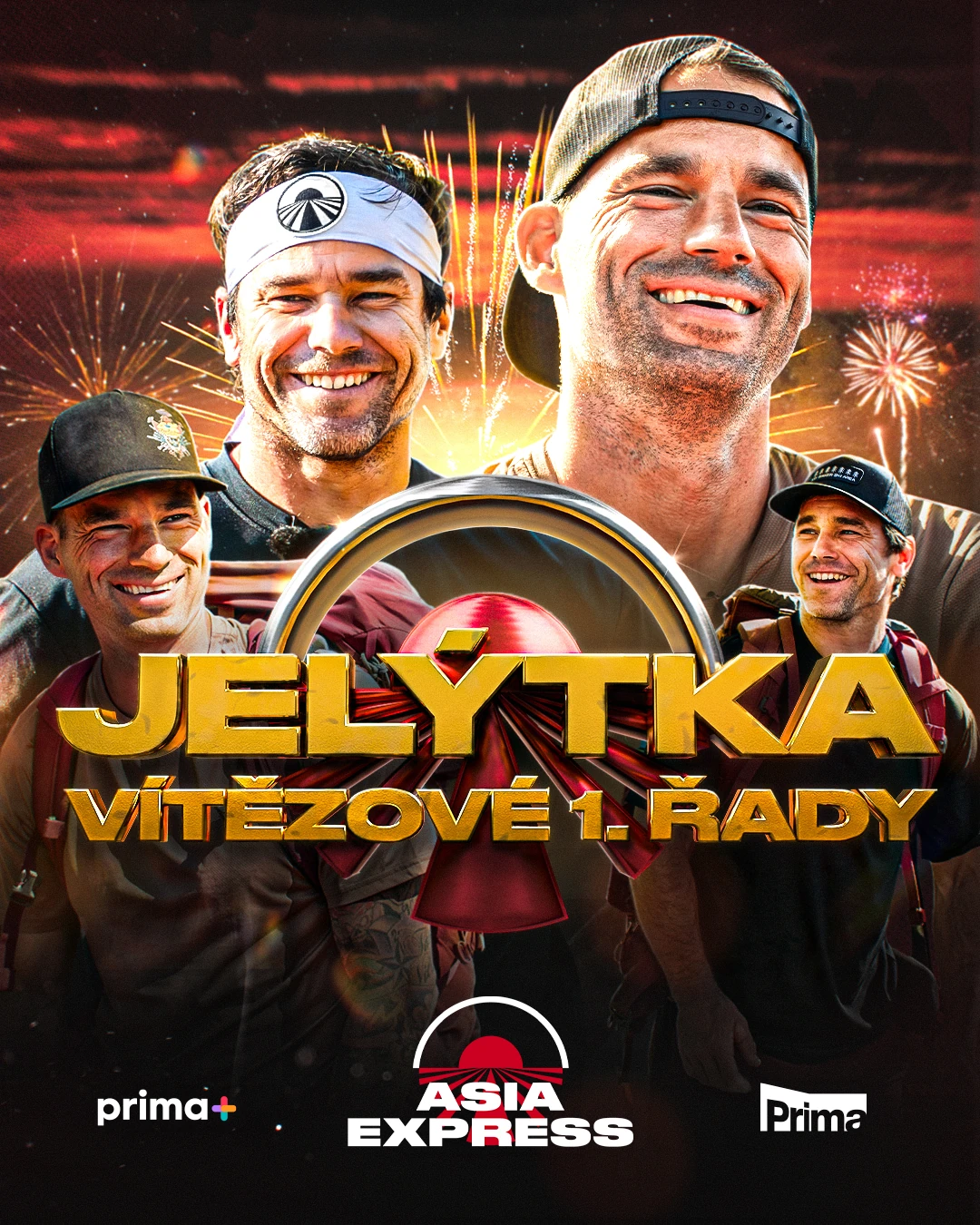 Asia Express winners announcement featuring the Jelýtka team and celebratory fireworks.