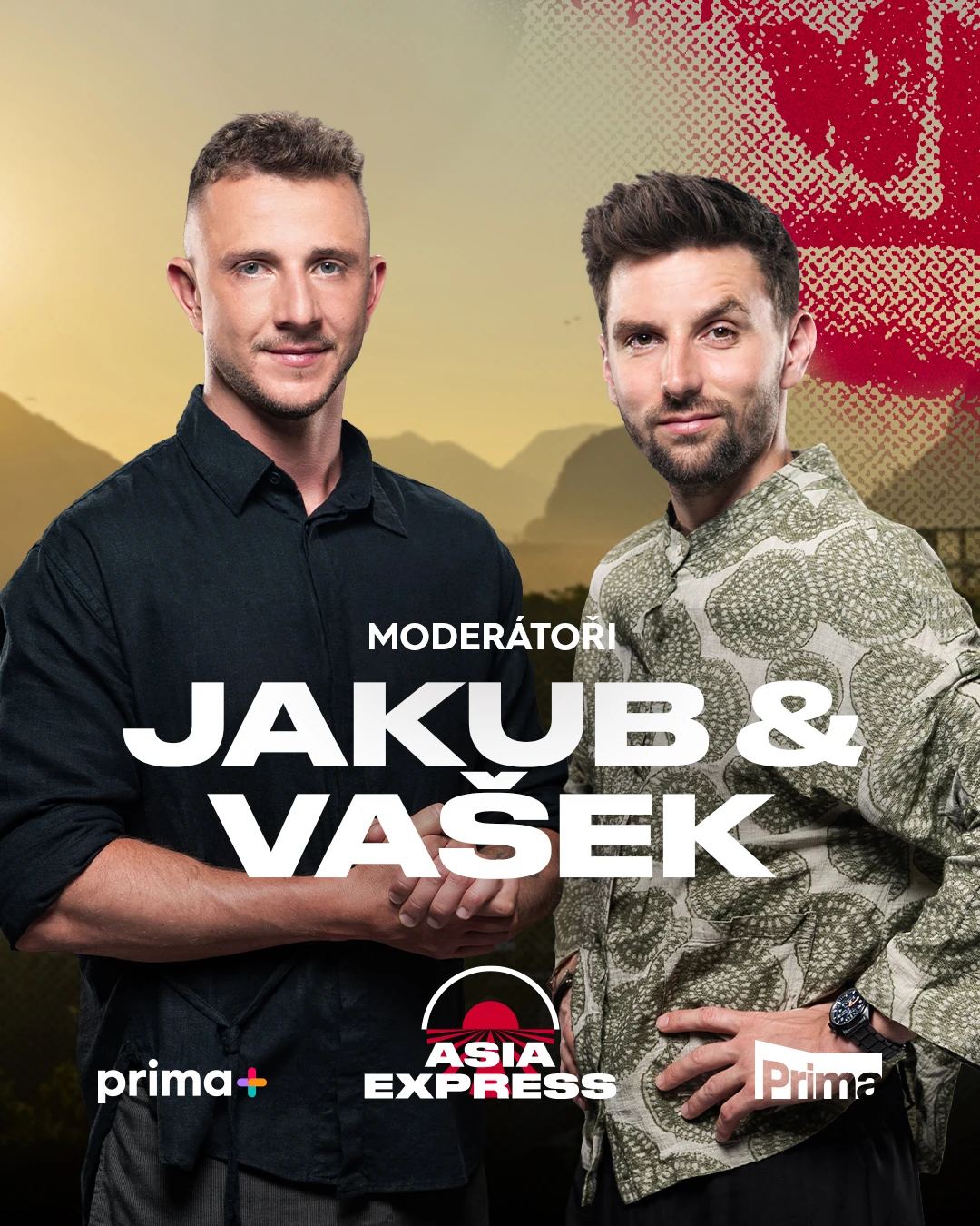 Asia Express host announcement with portraits of Jakub and Vašek.