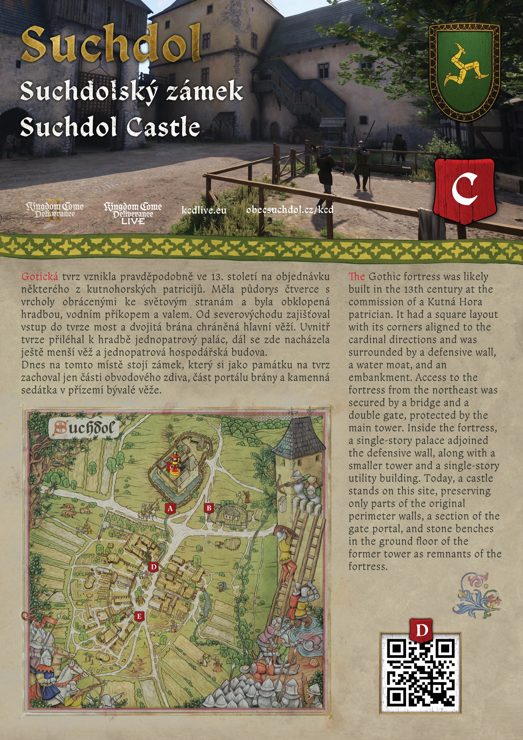Suchdol castle visitor panel with a game map and an illustrated view of the castle.