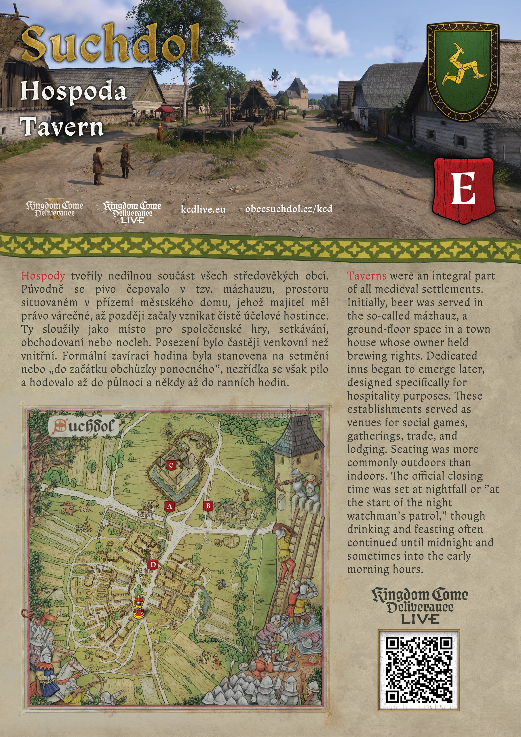 Suchdol tavern visitor panel with a game map and an illustrated village scene.