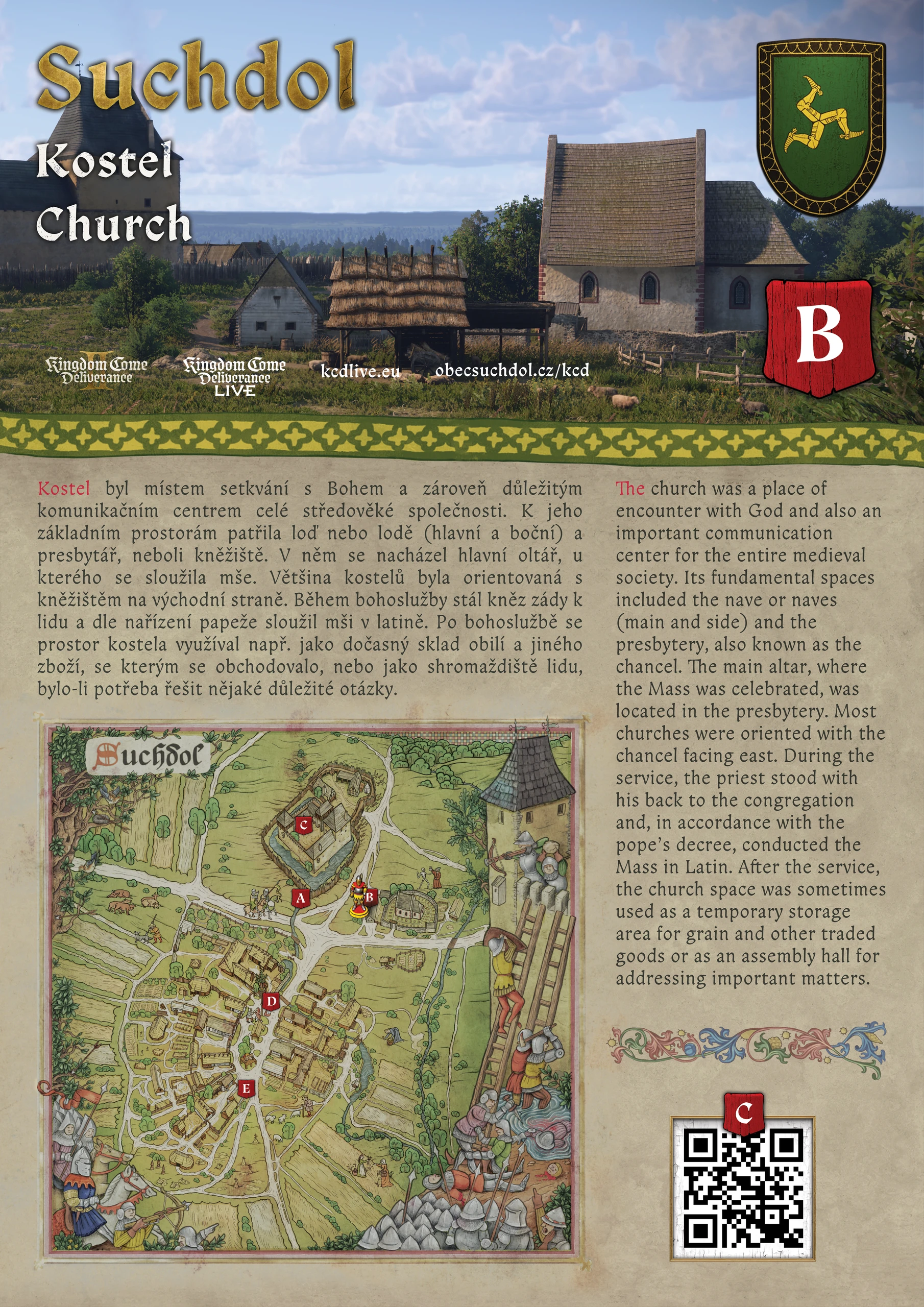 Suchdol church visitor panel with a game map, location illustration and information text.