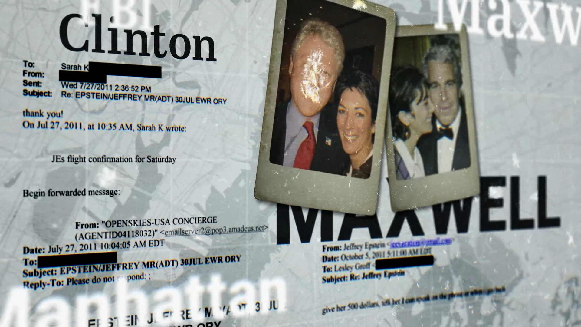 Investigative collage combining newspaper text and archival photographs for MUPI’s Epstein Files episode.