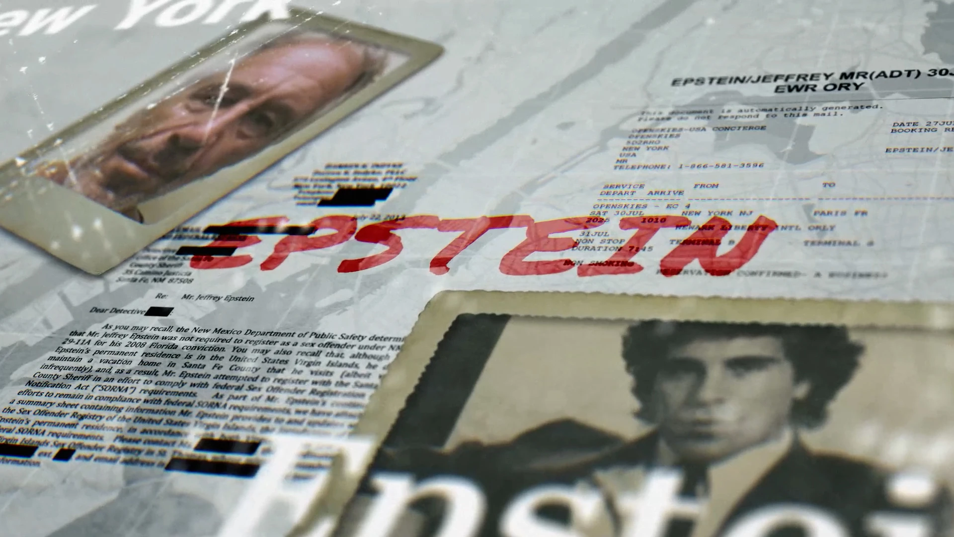 Layered newspaper collage with red Epstein lettering for MUPI’s episode visuals.