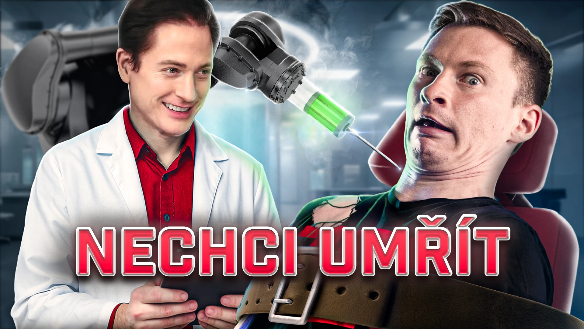 MUPI longevity-video thumbnail combining portraits, a syringe and the headline “Nechci umřít”.