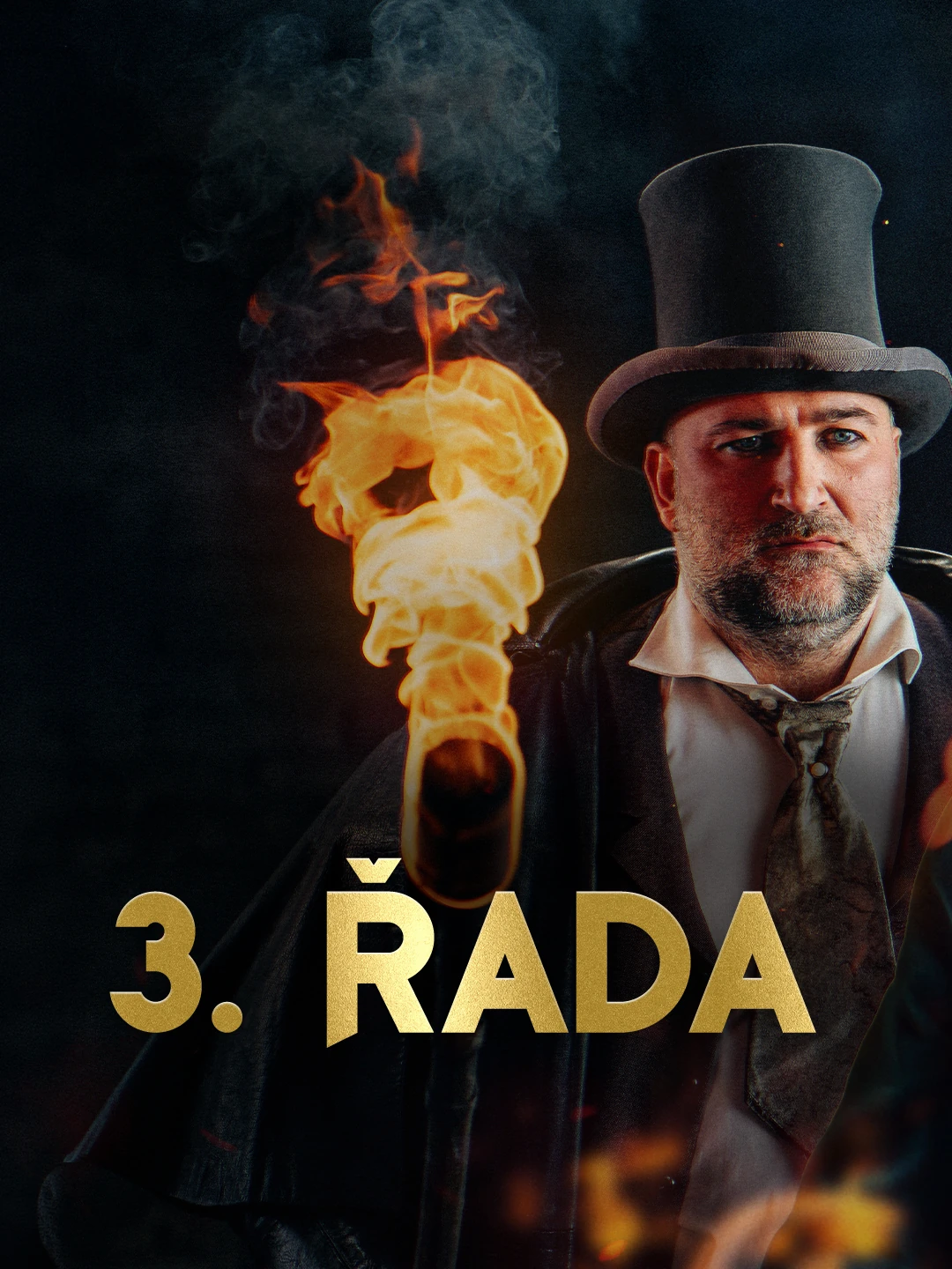 Zrádci season three announcement with a top-hatted host holding a burning torch.
