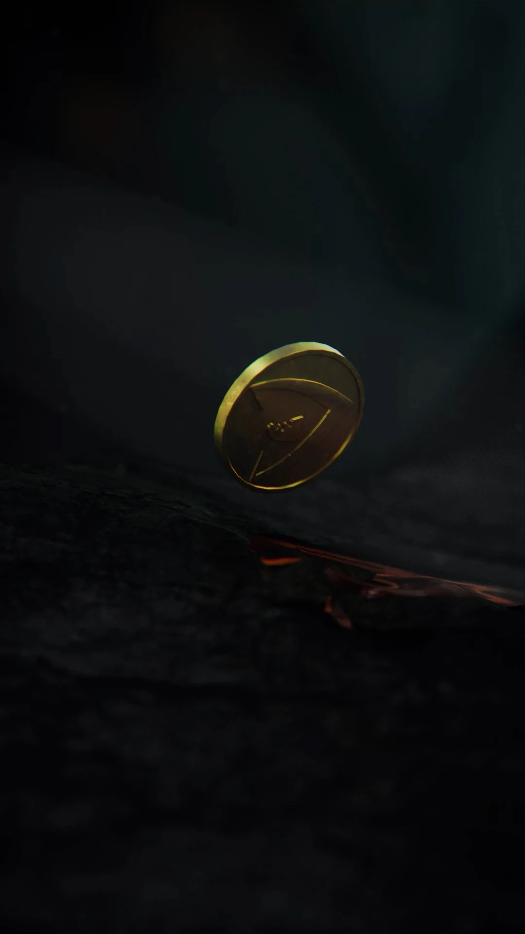 Gold coin in a dark stone chamber, from the Zrádci prize-fund animation.