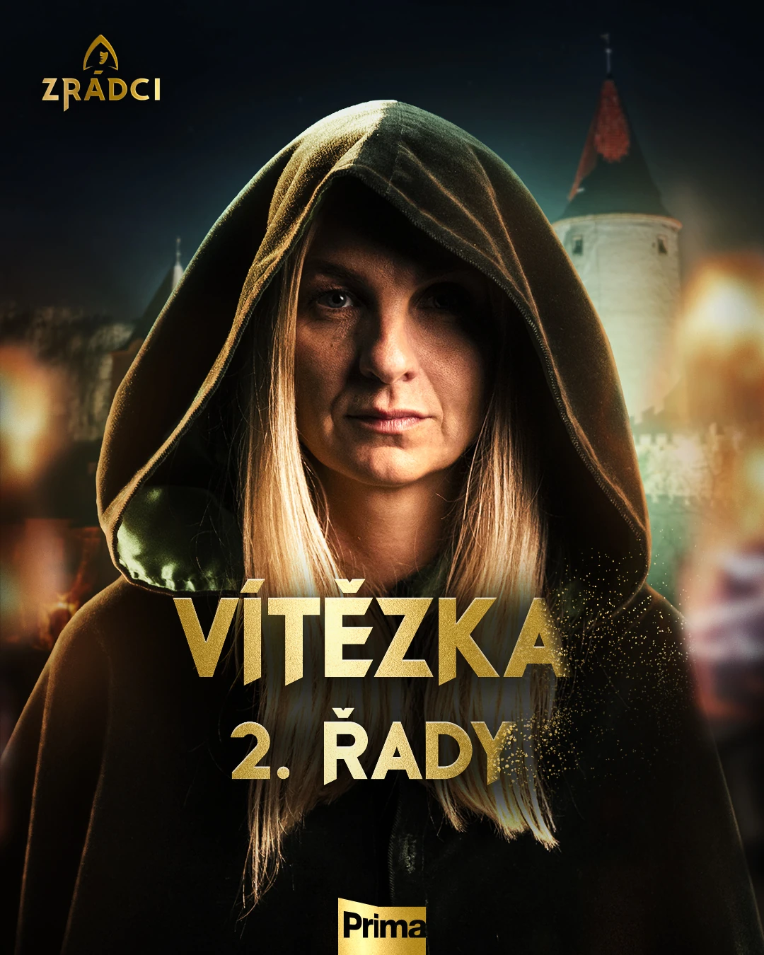 Zrádci season two winner announcement featuring a hooded woman and gold lettering.