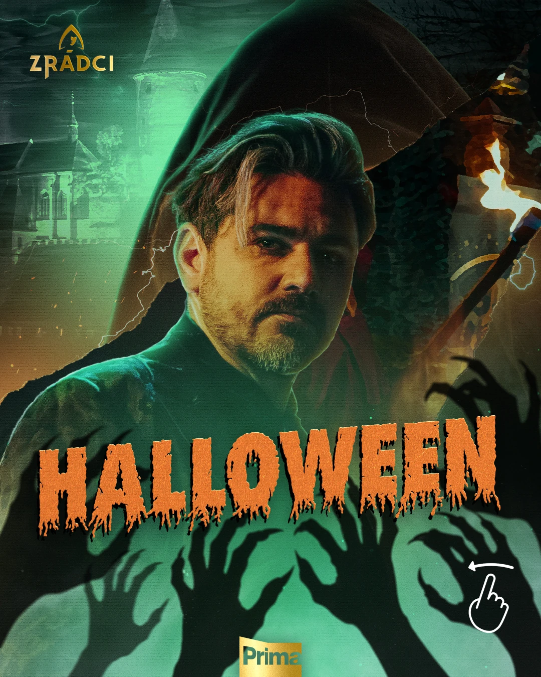 Green Halloween artwork for Zrádci with a hooded host and reaching hands.