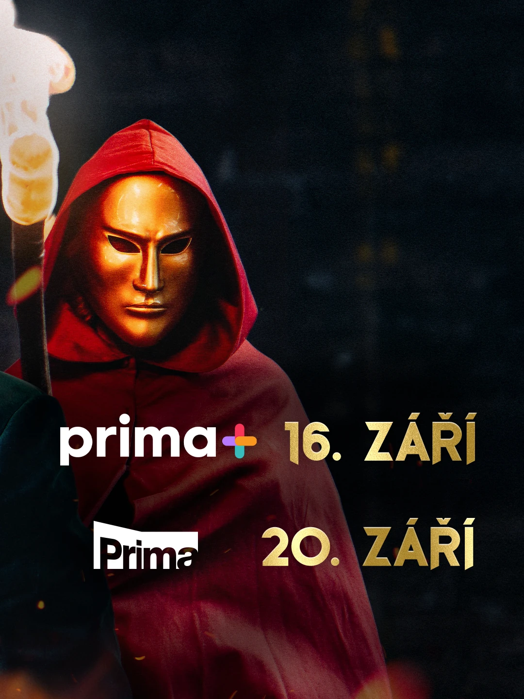 Zrádci broadcast announcement featuring a red-cloaked figure in a gold mask.
